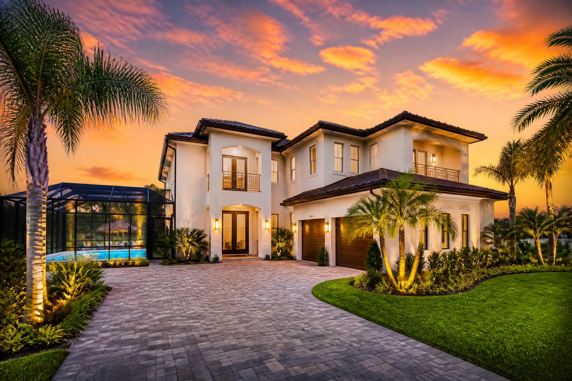 Luxury Florida vacation rental home at golden hour